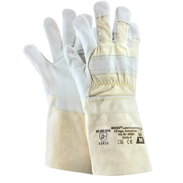 10 Paar Arbeitshandschuhe MEDEX® Lederhandschuh 5-Finger, Schnittschutzfutter beidseitig